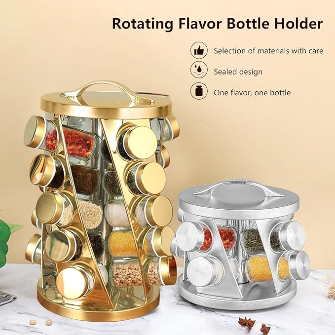 Portable Stainless Steel Spice Rack with 20 Spice Jars Included Revolving Spice Organizer for Kitchen Tower Storage Rack for Spices and Seasoning Gold