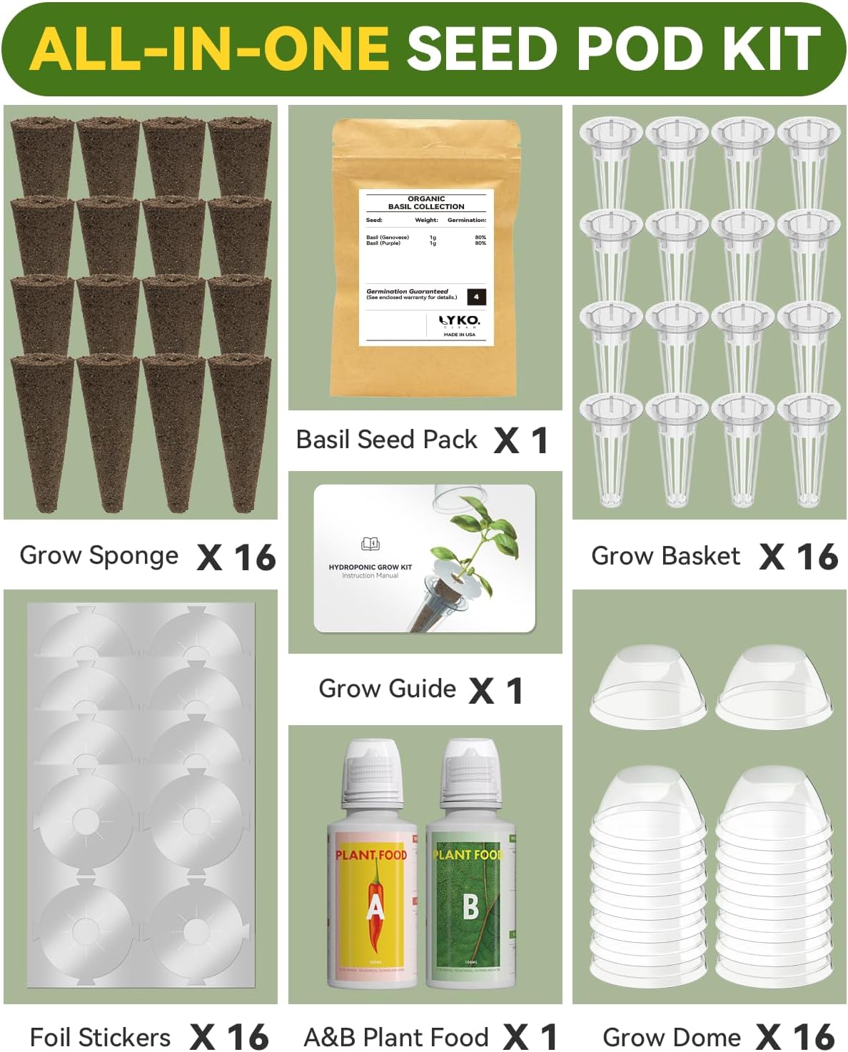 Hydroponics Seed Pod with Genovese Basil & Purple Basil, 16 Pods Complete Kit with Sponge, Basket, Dome, Label, Compatible with AeroGarden, Ahopegarden, GARDENCUBE, iDoo & MUFGA Indoor Smart Gardens