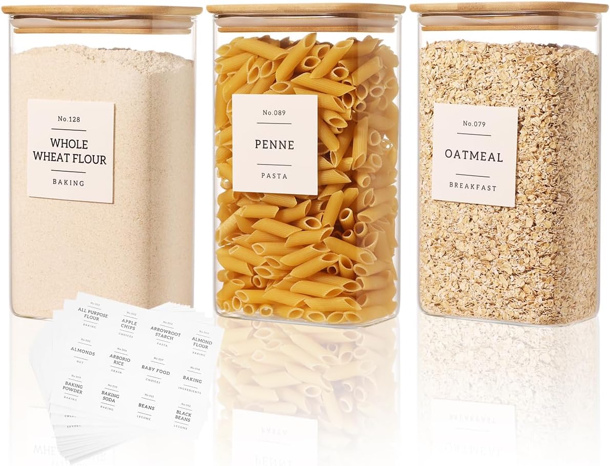 3 Pack Square Glass Pantry Storage Containers with 132 Kitchen Food Pantry Labels - 51 floz Clear Glass Pantry Jars with Airtight Wood Bamboo Lids - Glass Canisters for Candy, Cereal, Coffee, Spice