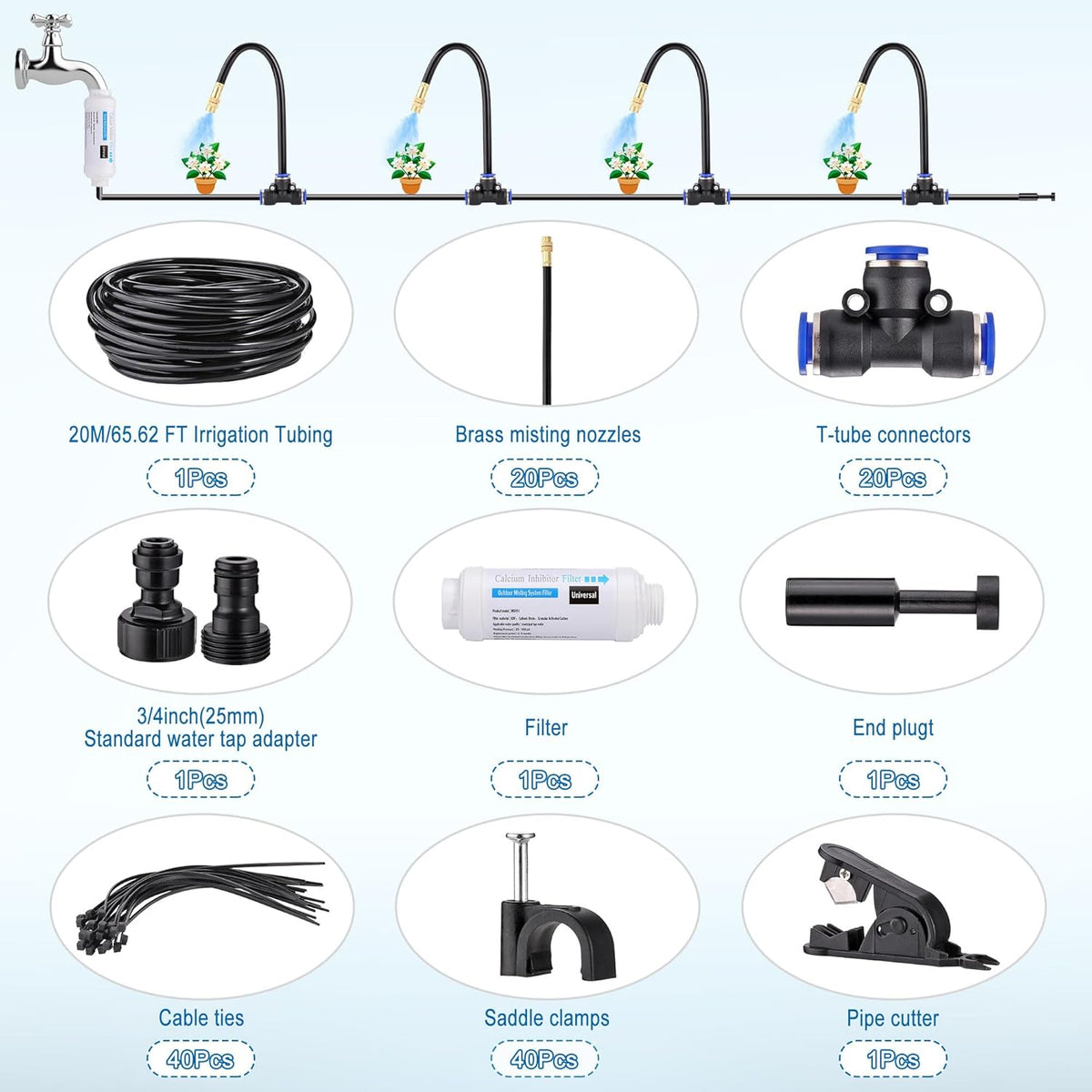 Mornajina Automatic Drip Irrigation Kits Garden Irrigation System, Includes Calcium Inhibitor Filter & 66FT 5/16 inch Irrigation Tubing Hose & 20Pcs 360° Bending Dropper Atomizing Mist Nozzles Tee