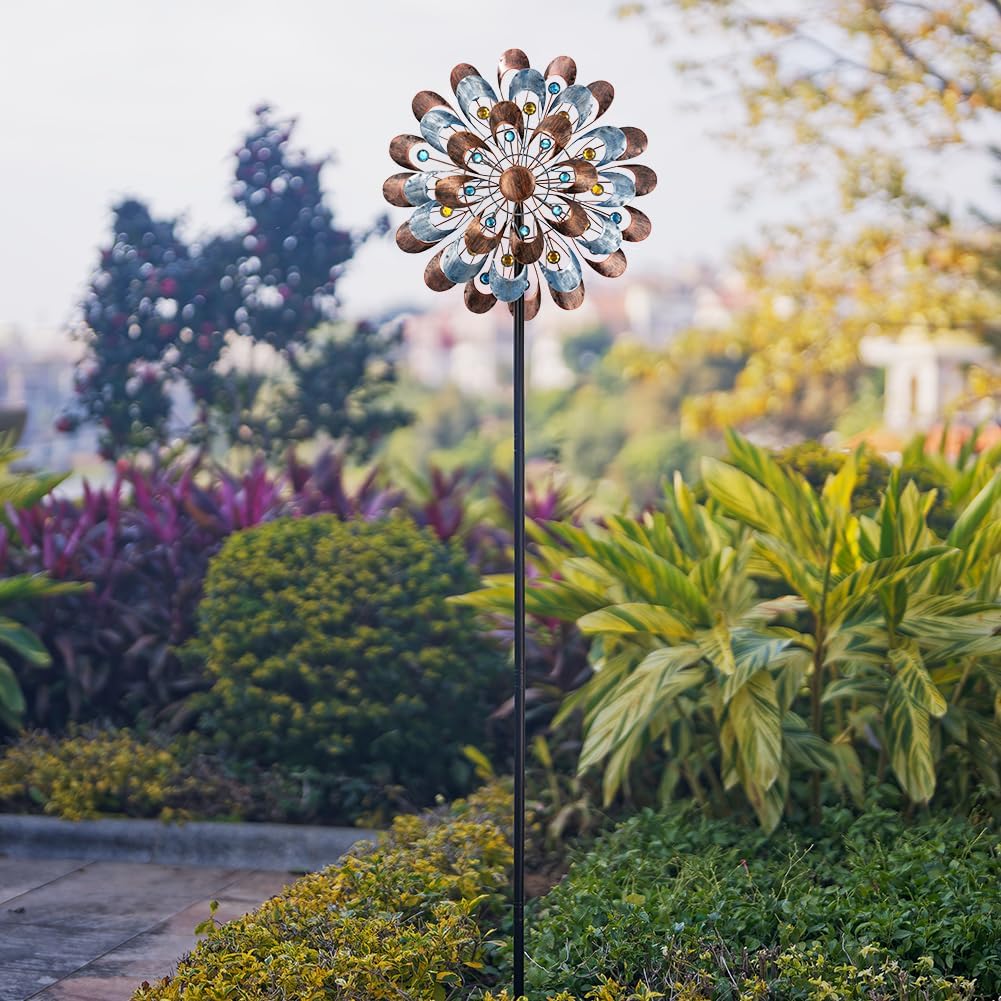 DREAMYSOUL Wind Spinner Outdoor Clearance, 20" Dia Large Metal Windmills with Blue and Copper Blades, Kinetic Wind Spinners & Sculpture for Yard and Garden