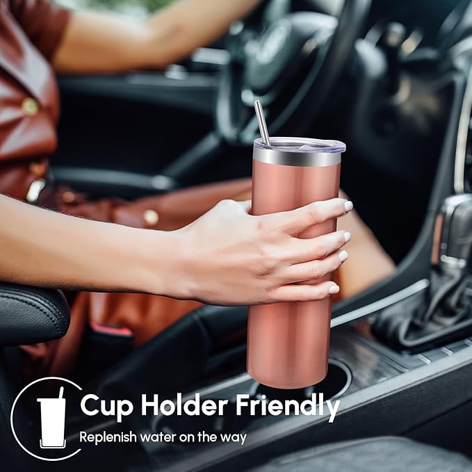 Volhoply 4 Pack Skinny Tumblers with Lid and Straw, 20oz Stainless Steel Straight Tumbler Bulk, Vacuum Insulated Coffee Mug for Home, Office, Travel, DIY (Rose Gold,4 Pack)
