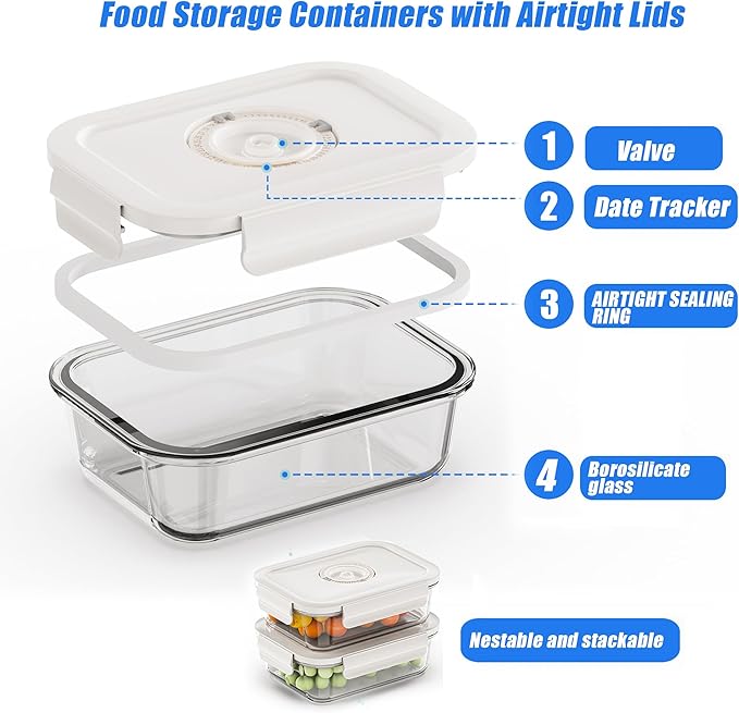 Vacuum Sealer & Food Storage Container for Food, Vacuum Sealer for Food + 3 Glass Vacuum Containers |Rectangle [21 Oz/35 Oz/50 Oz]+ 10 Reusable Food Saver Sealer Bags,For Freezer, Meal Prep