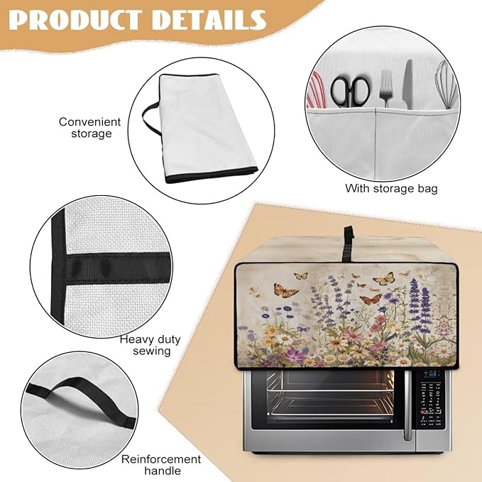 Toaster Oven Cover Washable Small Kitchen Appliance Dust Cover with Pockets, for Air Fryer Toaster Ovens, Microwaves, S, 14.5 x 18.5 x 9 Inches, Retro Floral Butterfly Print