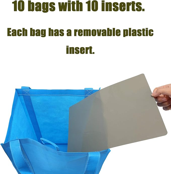 NERUB Set of 10 Reusable Grocery Bags Heavy Duty Shopping Bags Large Grocery Totes with Reinforced Bottom Super Sturdy Handles Washable, Blue