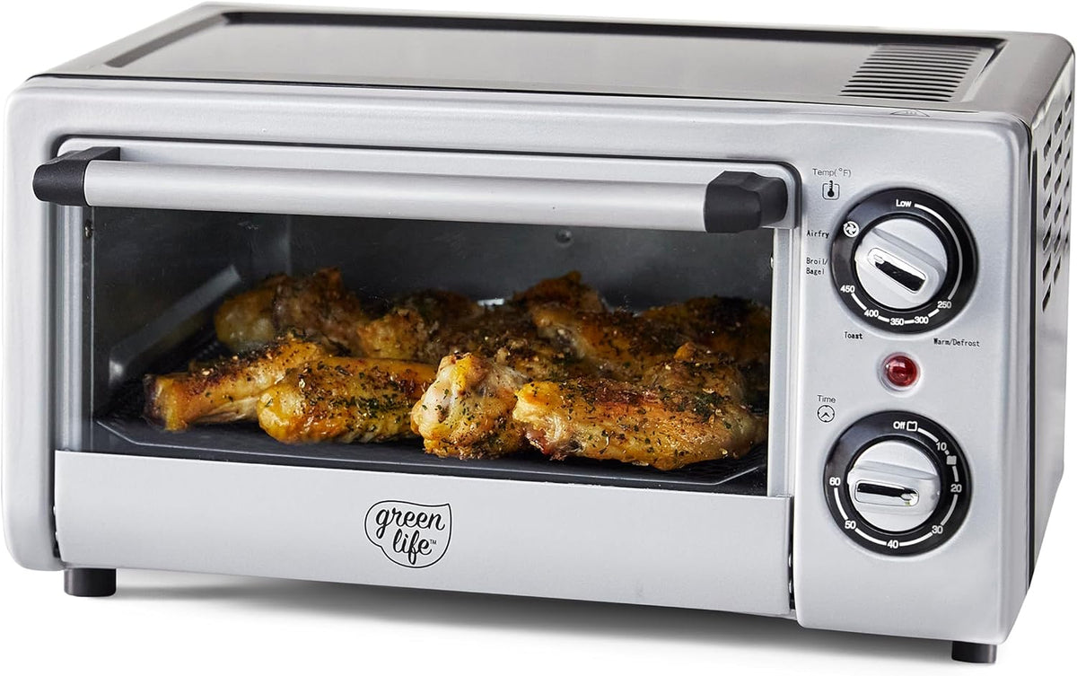 GreenLife Countertop Toaster Oven Air Fryer Stainless Steel, Healthy Ceramic Nonstick, PFAS and PFOA-Free, Tray & Basket, Bake, Broil, Reheat, Adjustable Temp & Time Control, Auto Shutoff, Black