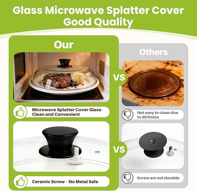 10in Glass Microwave Splatter Cover Microwave Safe Glass Lid Cover with Ceramic Screw, Heat Resistant Tempered Glass Splatter Guard, Vented Universal Microwave Plate Cover, Dishwasher Safe