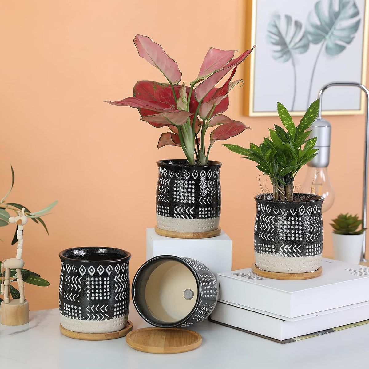 OMAYKEY 4 Inch Ceramic Plant Pot with Tray, Retro Black Small Planters Pots with Drainage Hole & Mesh Pads for Succulent, Indoor Flowers, Snake Plants, Cactus, Herbs, Aloes - 4 Packs