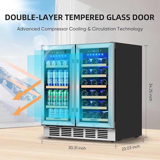 ORYMUSE Wine and Beverage Refrigerator 30 Inch, Beverage Fridge Dual Zone with Upgraded Cooling, Wine Beverage Cooler Built-in or Freestanding, 30 Bottles and 110 Cans Large Capacity