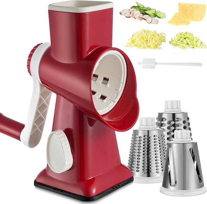 Cheese Grater Hand Crank Rotary Vegetables Shredder with Handle, 3-in-1 Graters with Interchangeable Blades and Strong Suction Base Multifunctional Slicer for Kitchen