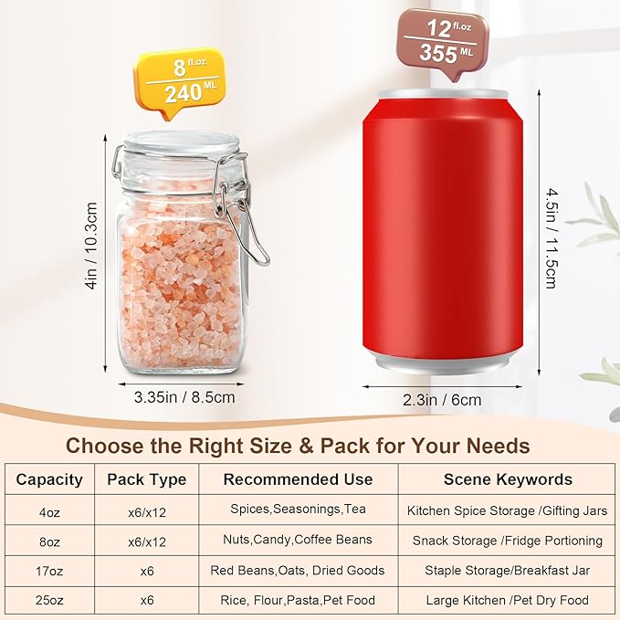 Spice Jars 8 oz Glass Jars with Airtight Lids, Set of 12 Small Glass Spice Jars with Labels, Kitchen Storage Containers for Herbs, Seasoning, Pantry Organization