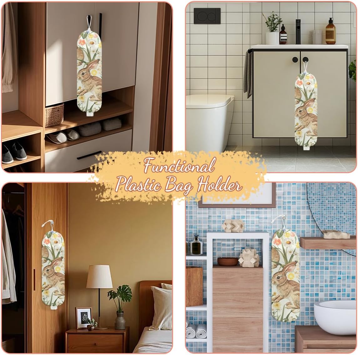 Rabbit Bunny Plastic Bag Holder, Wall Mount Grocery Bag Holder, Plastic Storage bag, Pull Rope Free Adjustment, Plastic Bag Holders for Grocery Bags, Plastic Bag Dispenser for Home Kitchen Pantry
