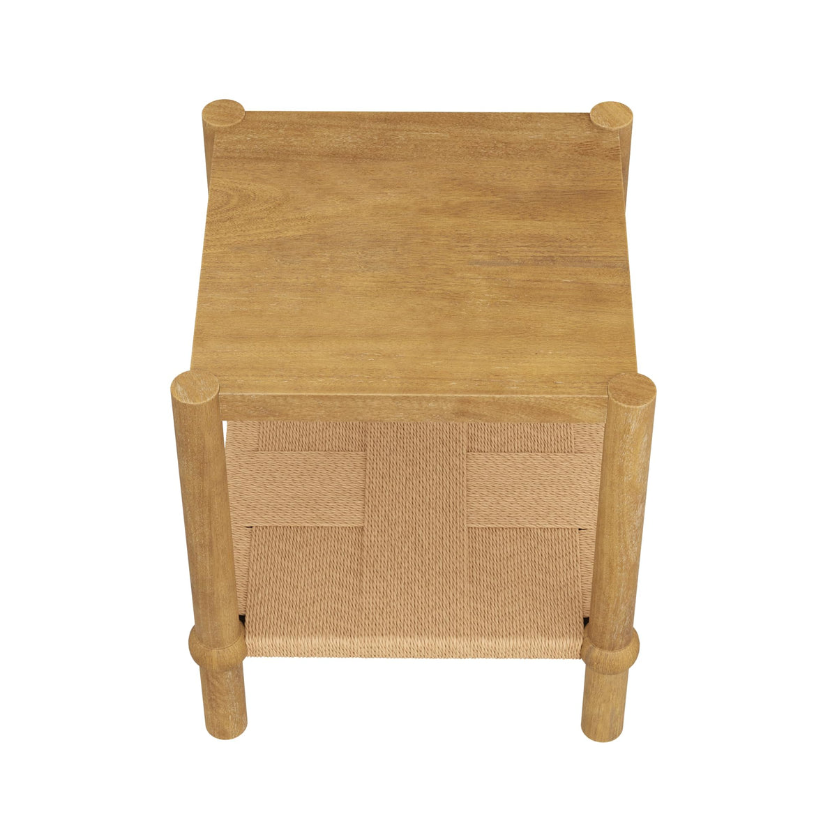 River Modern Coastal Side Table with Solid Wood Legs and Seagrass Storage Shelf