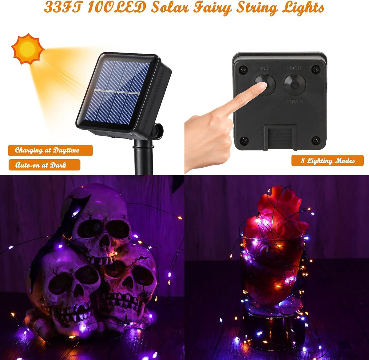 Lomotech 2 Pack Solar Lights, 33ft 100LED Orange Purple Twinkle Fairy Lights Waterproof 8 Modes Outdoor for Halloween Party DIY Decoration Black Wire