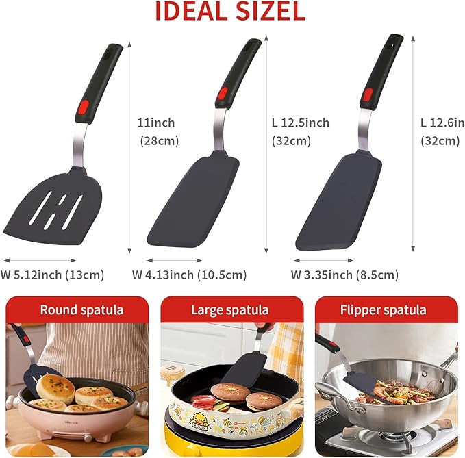 Silicone Spatula Turner Set Large And Thin Flipper Spatulas Heat Resistant 600 ° F Slotted Flexible Turner Cooking Utensils For Nonstick Cookware Egg,Pancake,Fish,Omelette,Hamburger (3 Pack)