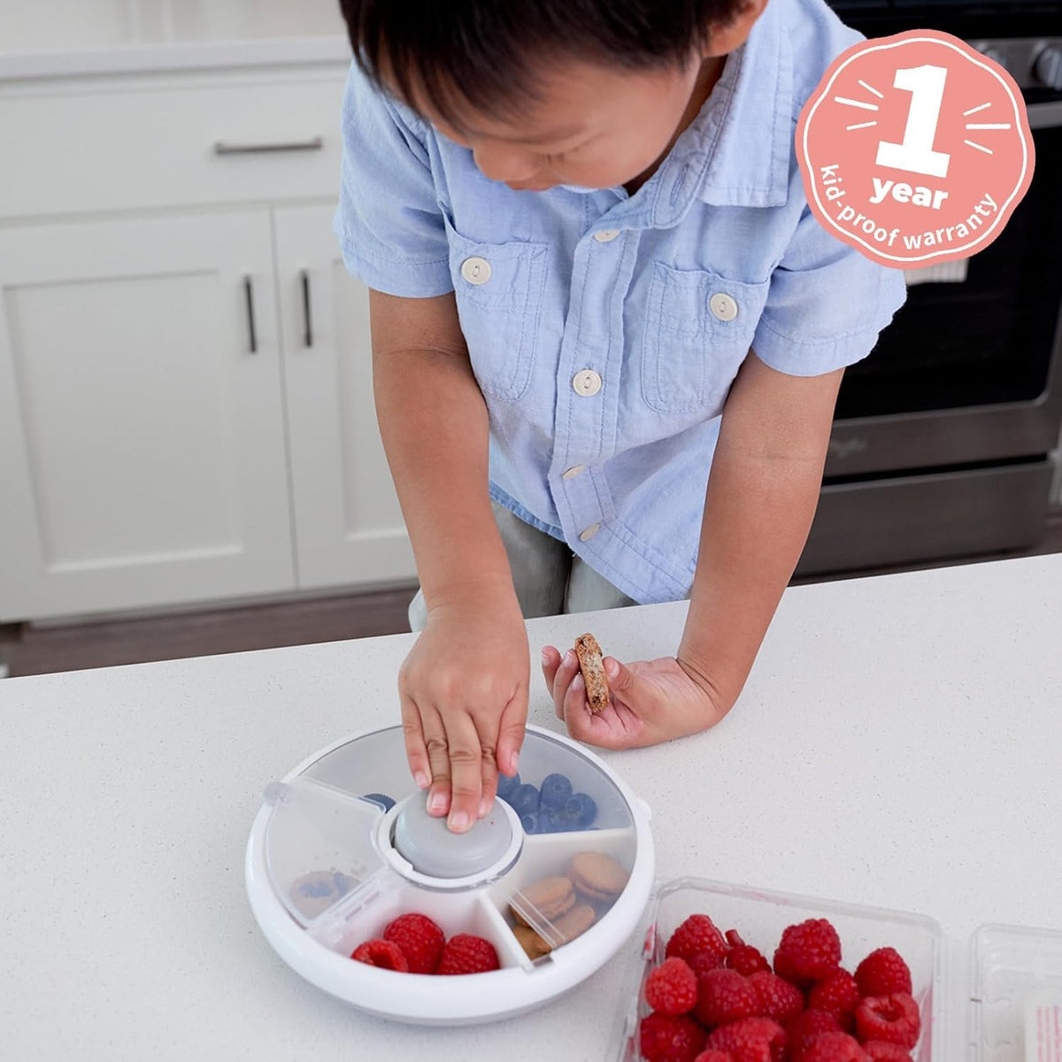 GoBe Kids Original Snack Spinner Bundle with Hand Strap and Sticker Sheet - Reusable Snack Container with 5 Compartment Dispenser and Lid | BPA and PVC Free | Dishwasher Safe | No Spill, Leakproof