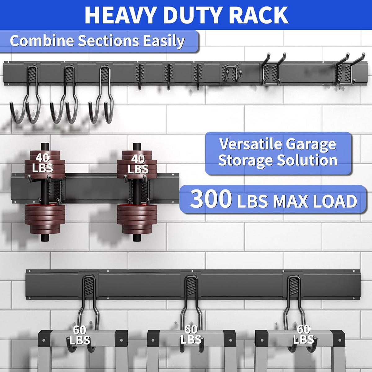 Garage Organization Tool Organizer Wall Mount, 64inch Heavy Duty Garden Tool Organizer Storage System, Easy Install with 10 Adjustable Hooks, for Garage, Basement, Shed, Workshop(Black)