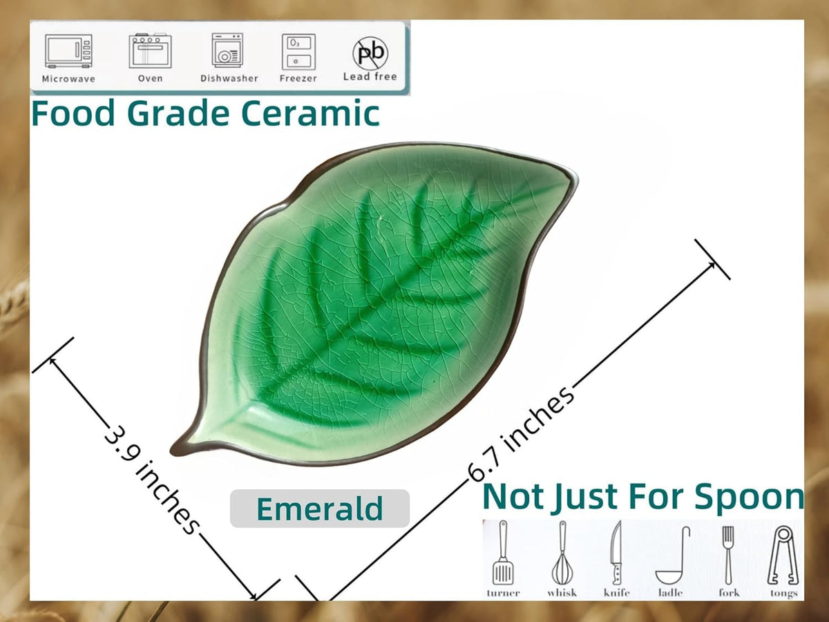 Ceramic Spoon Rest for Stove Top, Ice Cracks Leaf Cute Spoon Rest for Kitchen Counter, Cooking Spoon Holder for Kitchen Counter, Utensil Rest Spatula Rest Ladle Holder Tong Rest, 1 PC (A, Emerald)
