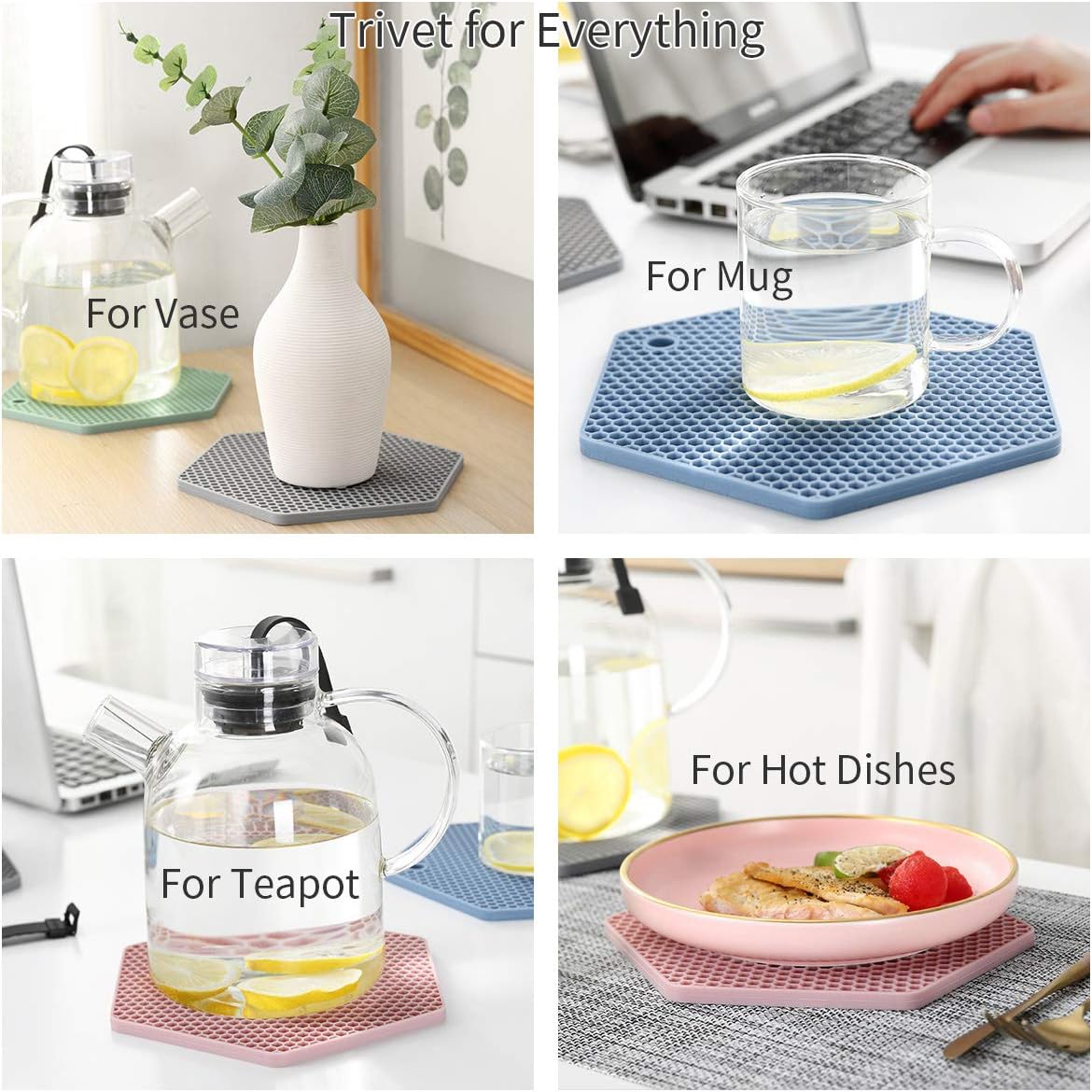 4 Packed Silicone Trivet Mats - DIY Different Size Dish Drying Mat, Hot Pot Holder for Pots & Pans, Non-Slip & Heat Resistant Kitchen Hot Pads for Countertops & Table,Teal
