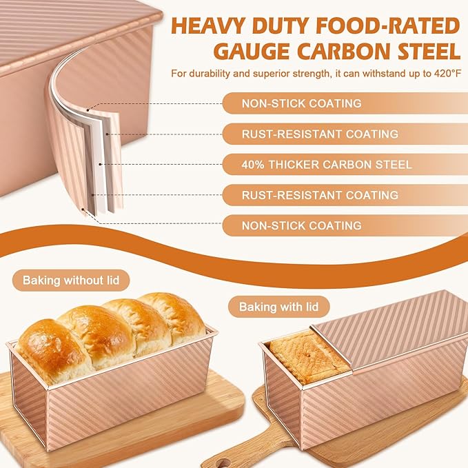 2.2lb Pullman Loaf Pan with Lid, Nonstick Carbon Steel Square Bread Pan for Baking Shokupan, Sandwich, Pain de Mie & Sourdough – Includes 6 Bonus Tools
