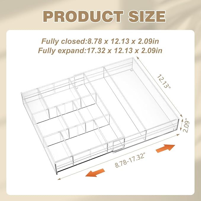 Briwooody Acrylic Drawer Organizer Clear Desk Drawer Organizer Trays with Adjustable Compartments Desk Accessories for Office Stationery Makeup Silverware Bathroom(Expandable)