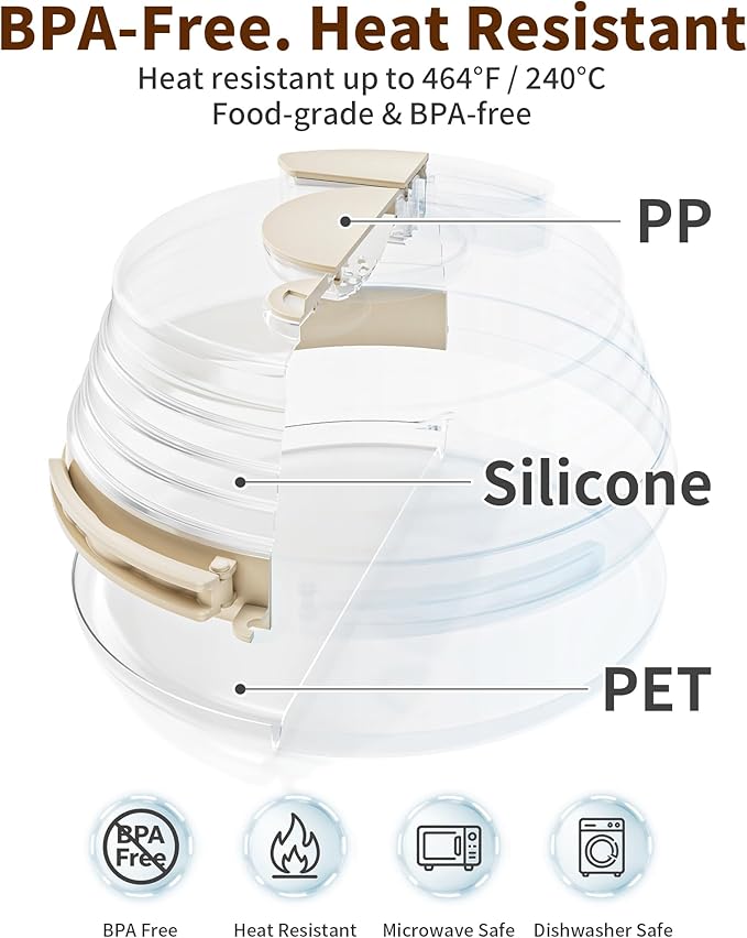 10 inch Microwave Splatter Cover for Food with Water Steamer, Collapsible Plastic & Silicone Microwave Plate Cover with Handle and Anti-Scald Base Plate, Kitchen Cooking Guard, Beige