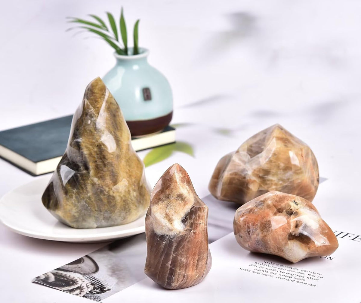 AMOYSTONE Yellow Moonstone Flame Shaped Stone Towers Obelisk Natural Healing Crystal Quartz Reiki Energy Decoration Home Office Small 1.0LBS