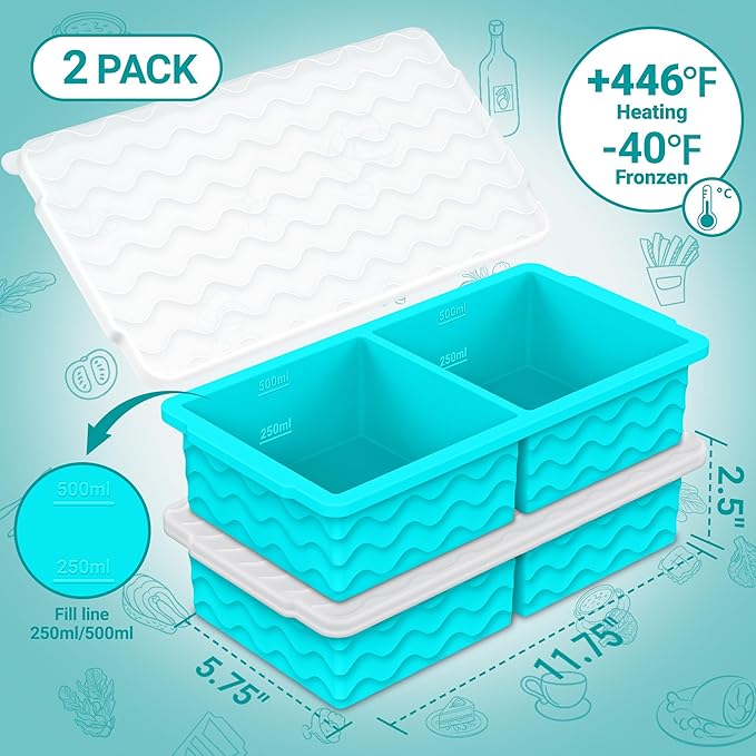 Aopigavi Silicone Freezer Tray with Lid – 2-Cup Soup Freezer Container Molds, Large Ice Cube Trays for Freezing Soup, Sauce & Broth, Meal Prep & Food Storage – Oven & Dishwasher Safe, 4-Pack