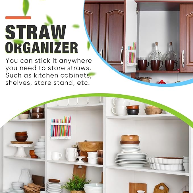 Qinyoung Acrylic Straw Holder for Cabinet Door with Double Sided Adhesive Tape Reusable Straw Organizer Tumbler Storage Kitchen Accessories Container for Counter Cupboard(Marble Texture,Large,White)