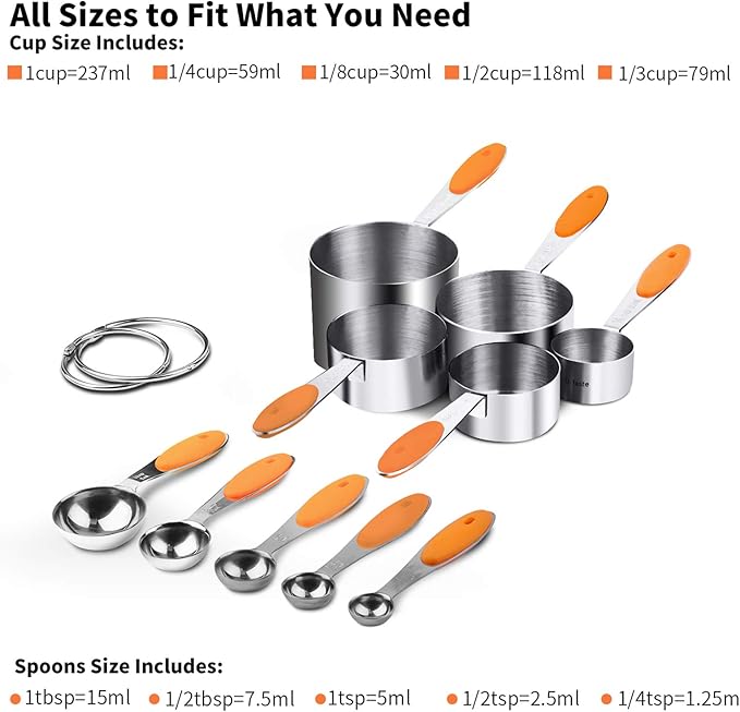 U-Taste 18/8 Stainless Steel Measuring Cups and Spoons Set of 10 Piece, Upgraded Thickness Handle and 1.5oz Heat Resistant Angled Turkey Baster with Cleaning Brush for Cooking Basting (Orange)