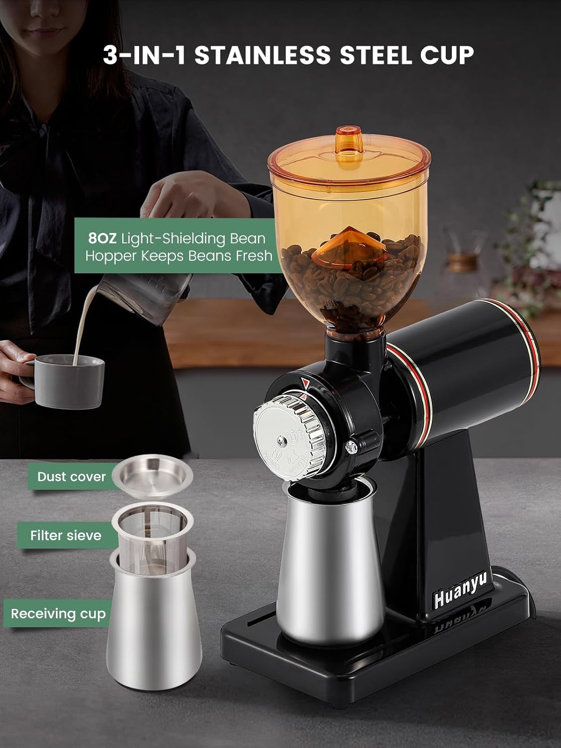 Huanyu Stainless Steel Coffee Grinder Electric with 8 Grinding Settings Flat Burr Coffee Grinder Adjustable Burr Coffee Grinders for Home Use Black