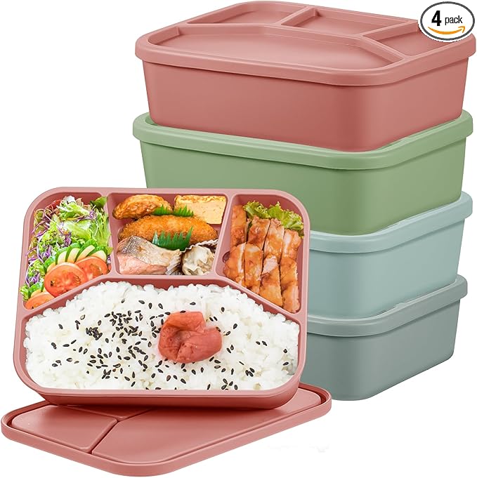 Ziliny 4 Pcs Silicone Bento Box Reusable Lunch Container Smooth Leak Proof Lunch Box Rectangle Bento Boxes for Adult Work Travel Food Meal Compartment Storage, 4 Colors (Classic Colors)