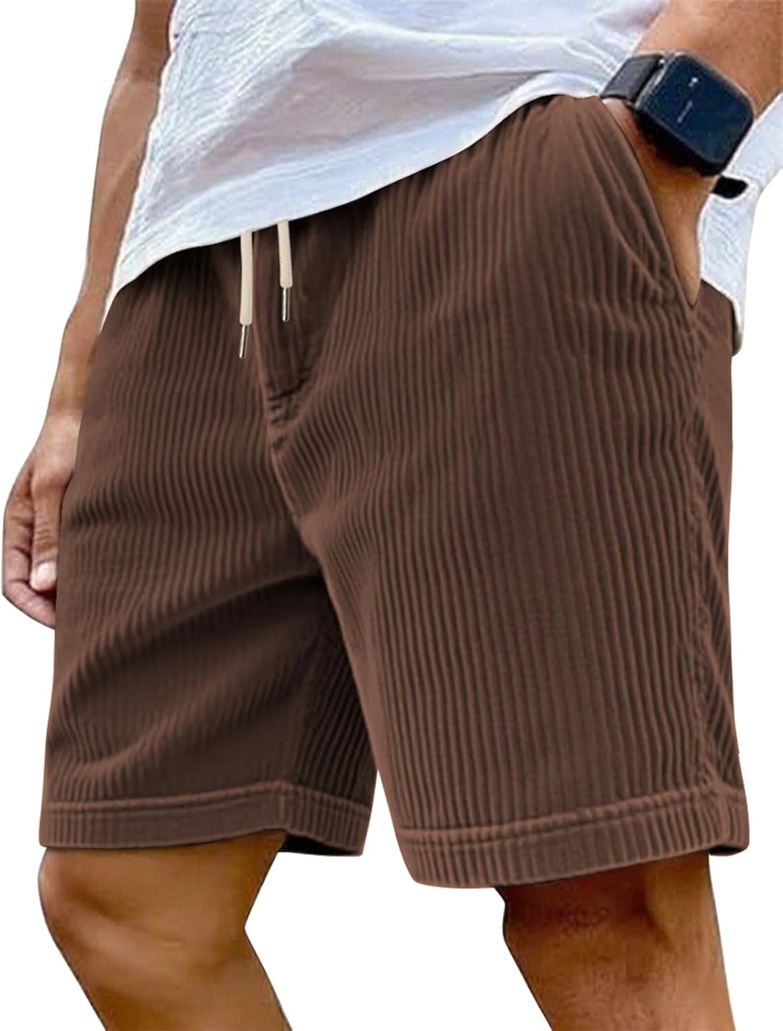 Mens Cargo Shorts Casual Drawstring Elastic Waist Corduroy Summer Beach Shorts with Pockets