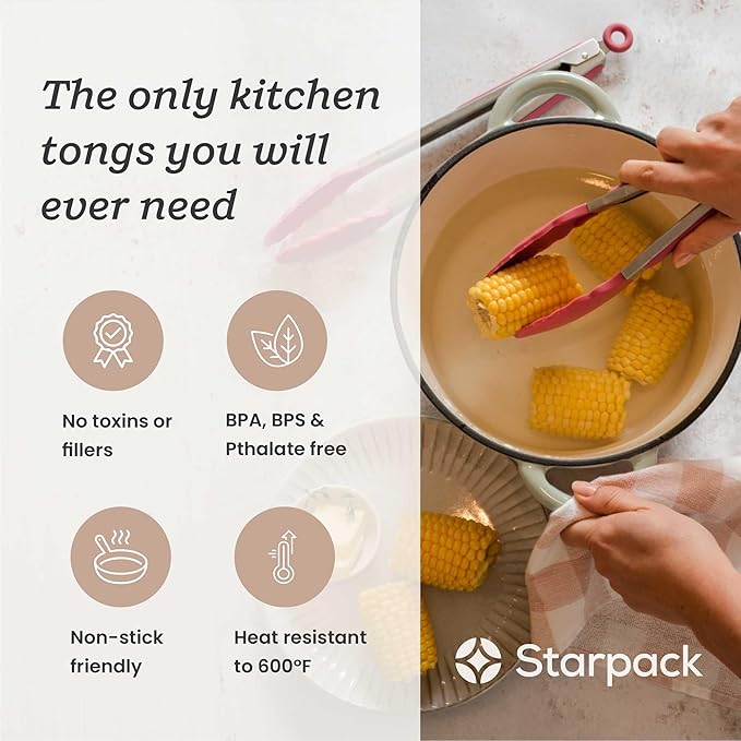 Starpack 'Get a Grip' Silicone Kitchen Tongs for Cooking (2Pcs) - BBQ Tongs for Grill Heat Resistant to 600°F - Stainless Steel Kitchen Utensils w/Non Stick Silicone Tips - 9",12" for Serving Food