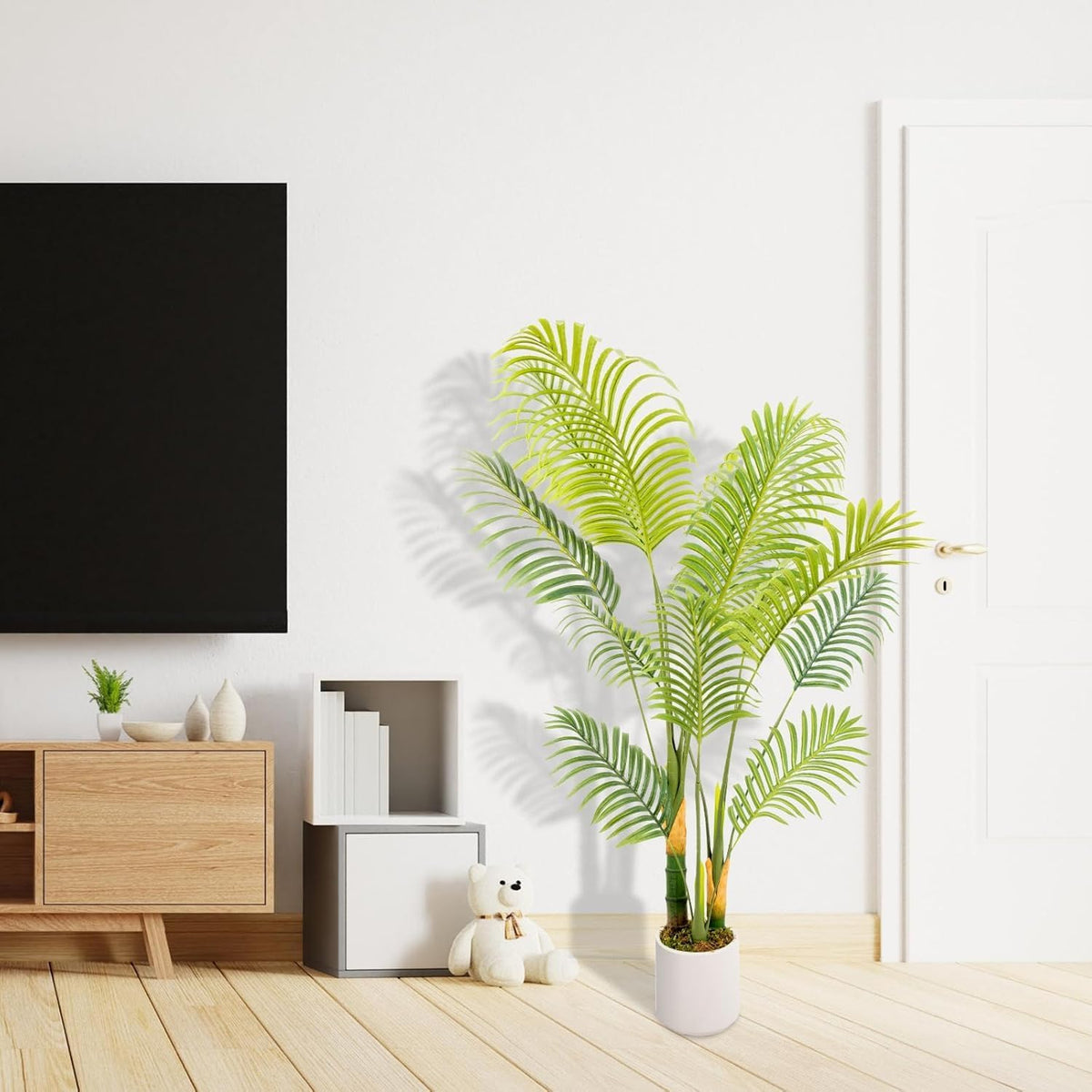 Artificial Fake Palm Tree 5FT 1Pack with White Planter & Free Moss, UV Resistant Artificial Palm Tree for Outdoors, Fake Plants for Poolside Home Room Decor, Faux Plants Outdoor Decor