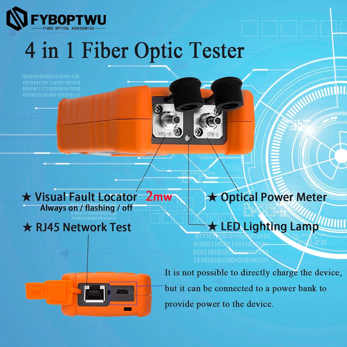 4 in 1 Function Fiber Optic Tester Portable Optical Power Meter (FC/SC/ST) & VFL 2mw Visual Fault Locator & LED, OPM & VF, Range: (-50) dBm ~ (+26) dBm，2pcs