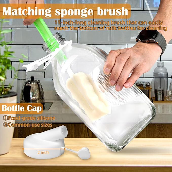 2 Pack 64 Oz Glass Milk Bottles with Nut Milk Bag & 2 Pour Spout & 2 Airtight Lids & Brush- 1/2 Gallon Heavy Duty Jug Pitcher Large Reusable Container for Milk, Juice, Water, Coffee for Refrigerator
