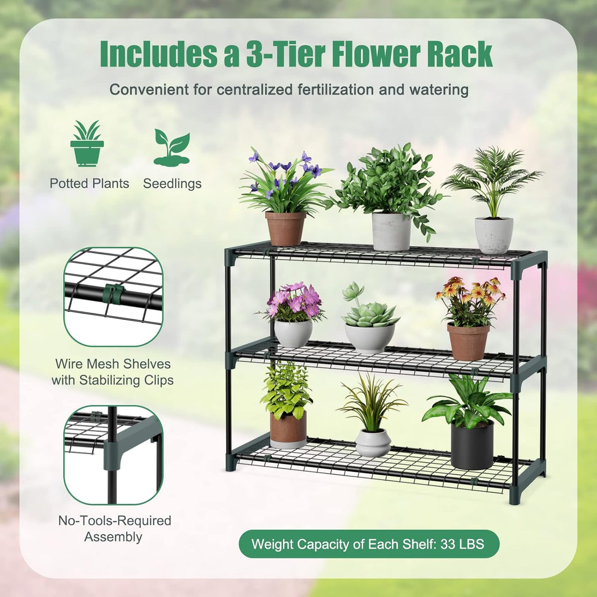 SAFSTAR Greenhouse, 7' x 3.5' x 7' Mini Lean-to Walk-in with 3-Tier Flower Rack, Roll-Up Zipper Doors, Weatherproof PE Cover, Indoor/Outdoor Garden Greenhouse
