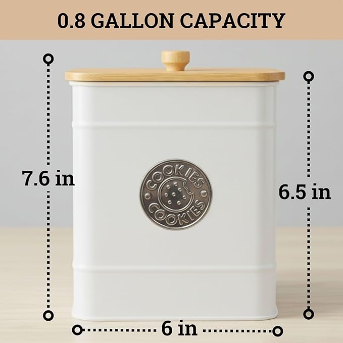 Cookie Jar with Airtight Lid - 1 Gallon - 6"D x 8"H White Iron Cookie Tin with Bamboo Lid - Large Cookie Jars with Lids Airtight - Farmhouse Cookie Jars for Kitchen Counter Decorative - Cookies Jar