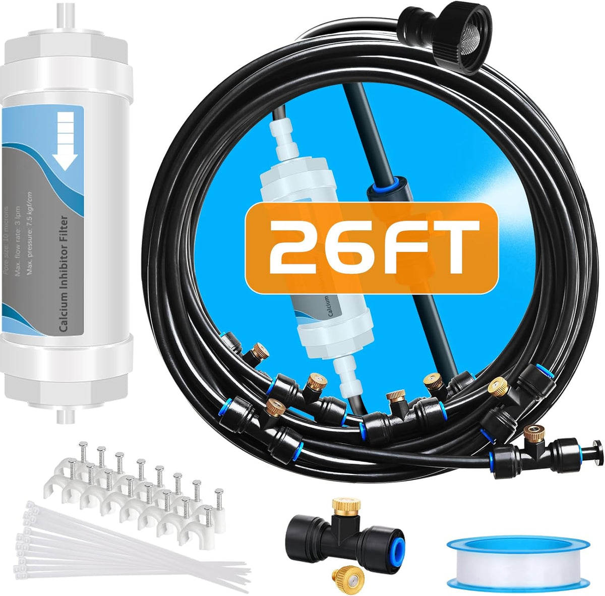 Misting System with Water Filter - Upgraded Signice 26 Ft (8M) Line & 7 Brass Mist Nozzles Outdoor Misters for Patio Cooling Mister Systems Kit for Outside Garden Backyard Greenhouse (Black)