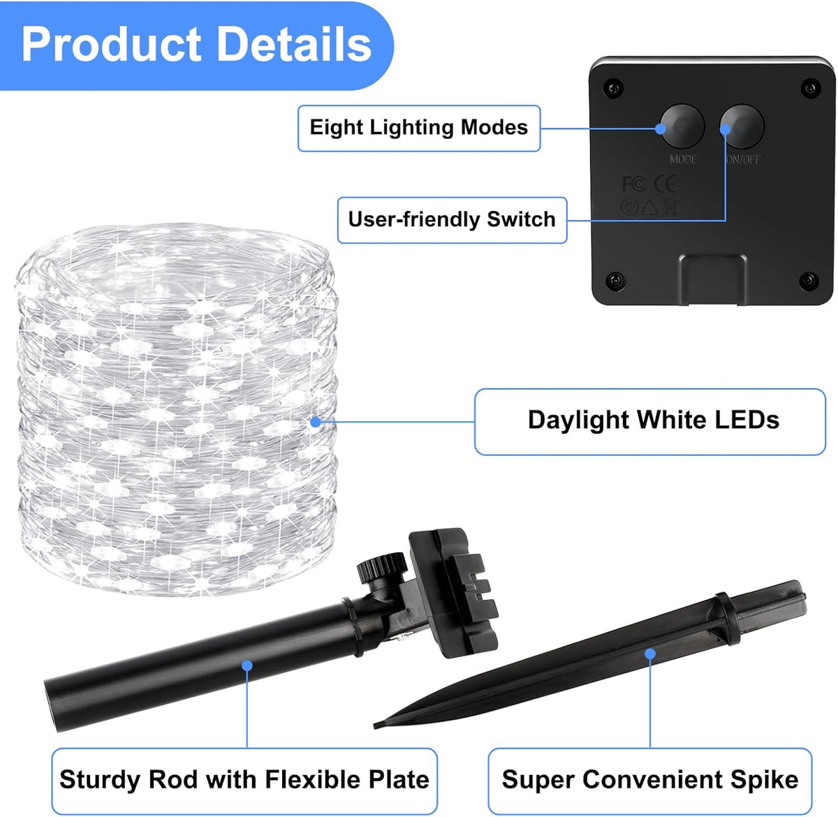 Brightever Solar Powered String Lights Outdoor Waterproof, 4-Pack Total 160FT 400 LED Solar Twinkle Lights with 8 Lighting Modes, Solar Fairy Lights for Fence, Balcony (Daylight White)