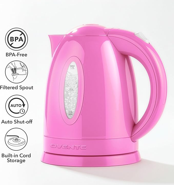 OVENTE Electric Kettle, 1.7L Fast Boiling Water Heater for Coffee or Tea, BPA Free with Water Level Gauge, Auto Shut-Off, Boil-Dry Protection, Indicator Light and Removable Filter, Pink KP72P