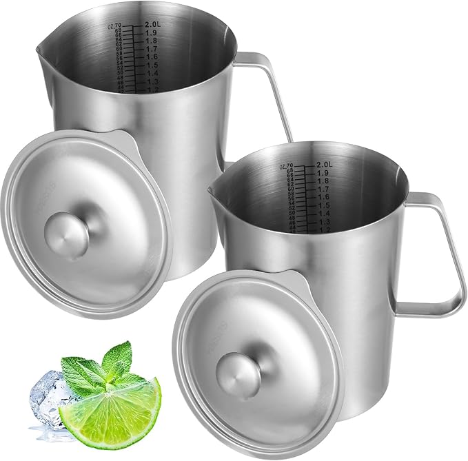 2 Pcs Stainless Steel Pitchers with Lids, 70 oz Measuring Cups with Dual-Scale Markings, Milk Frothing Jugs, Large Beakers for Espresso Machine, Hot/Cold Water, Latte Art, Iced Tea