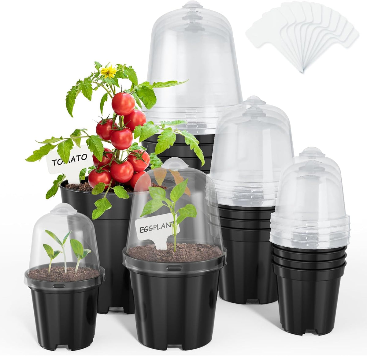 homenote Nursery Pots for Plants,3/4/5 Inch Plant Pot for Planting with Humidity Domes Plastic Seedling with Drainage Holes Seed Starter Flower with 10 Labels Black (15 Pack)