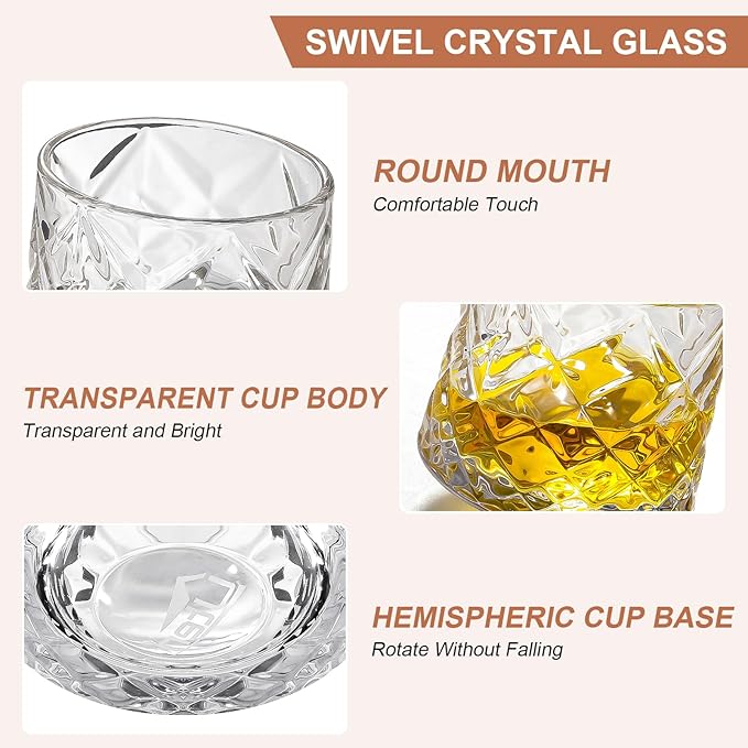 Rotatable Old Fashioned Glass Cup, 275ml/10oz Crystal Whiskey Glass, Wood Coaster, Thickening, Used as Rum Glass, Cocktail Cup, Coffee, Milk to Relax and Reduce Stress, Ideal Gift