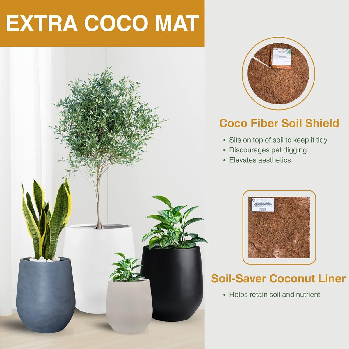 16.5" H x 15" D Ribbed Corso Fiberstone Round Planter with Drainage Hole, Weather Resistant for Indoor and Outdoor Use, Included 2 Extra Coco Mats (Ribbed Speckled White, 11.5" Pot Opening)