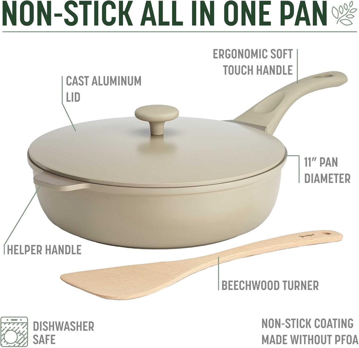 Goodful All-in-One Pan, Multilayer Nonstick, High-Performance Cast Construction, Multipurpose Design Replaces Multiple Pots and Pans, Dishwasher Safe Cookware, 11-Inch, 4.4-Quart Capacity, Linen