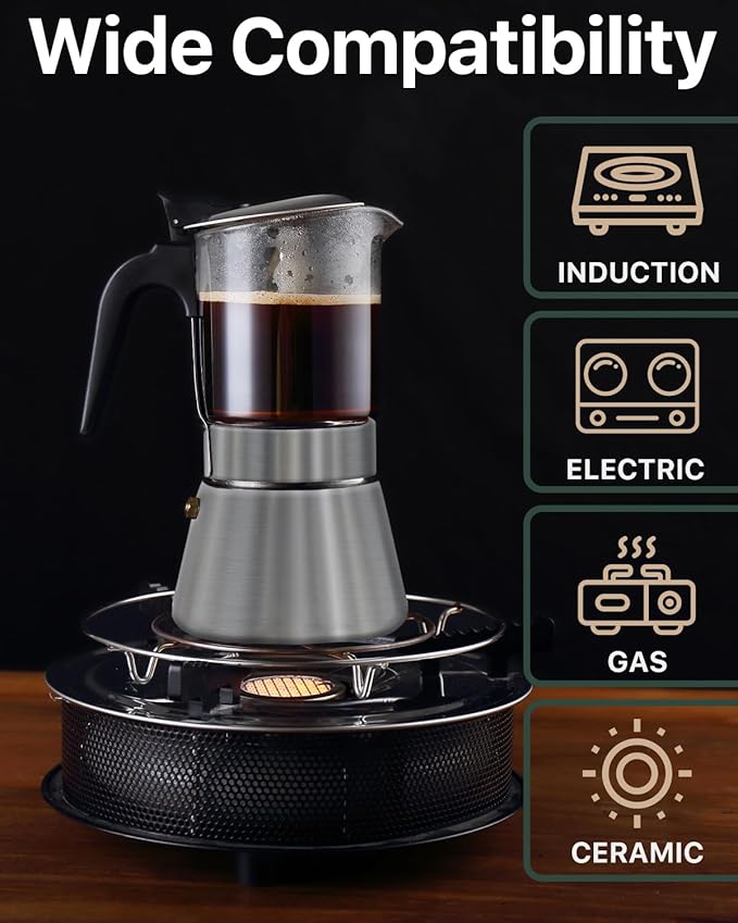 Grasseed Crystal Glass-Top Moka Pot, Polished Stainless Steel Stovetop Espresso Maker for Italian Coffee, Gift for Coffee Lovers - 6 Cup/240ml/8.4oz
