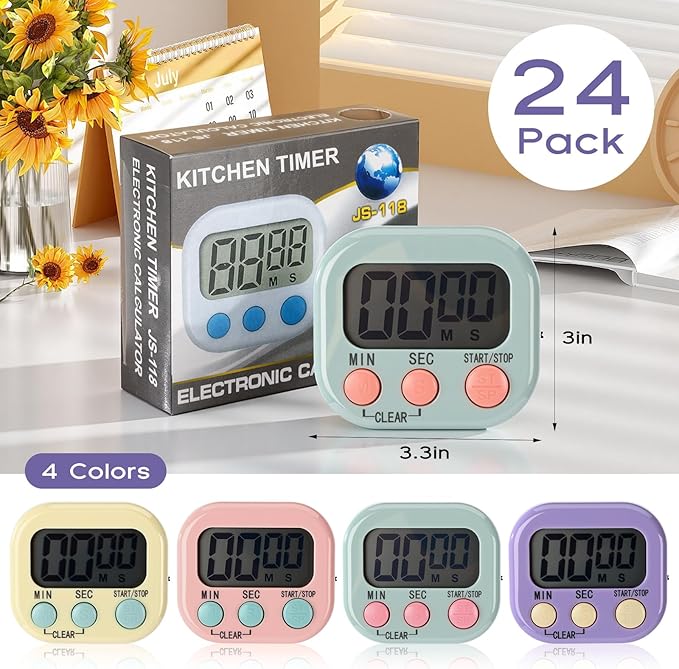Weewooday 24 Pcs Digital Kitchen Timer Magnetic Timer Bulk On/Off Switch Minute Second Count up Countdown Loud Alarm for Exercise Cook Baking (Macaron Colors)