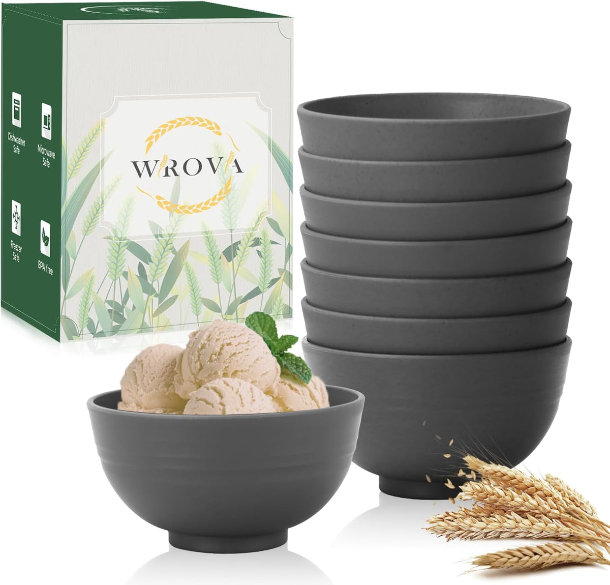 wheat straw small bowls 10oz set of 8 - Unbreakable Dessert Bowls for kids - Mini Bowl Sets for Ice Cream,Snack and Fruits - Microwave & Dishwasher Safe Appetizer Bowls (Deep Grey)